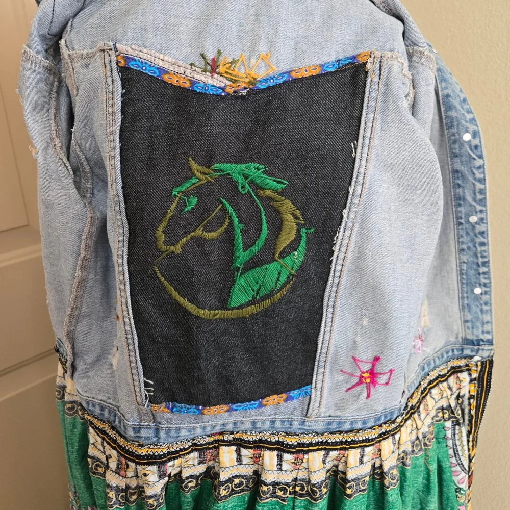 Custom made One Fine Day Boutique Blue Jean Jacket with Green Horse Embroidery S